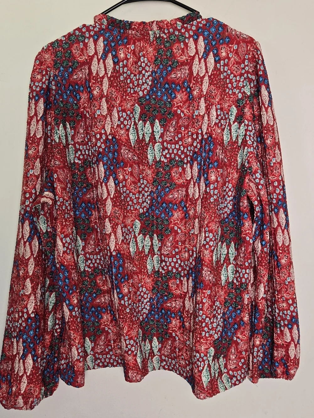 LOFT Gauzy Ruffle Neck Long Sleeve Top Size XL flowy Red Indie Bright Print - Picture 3 of 7